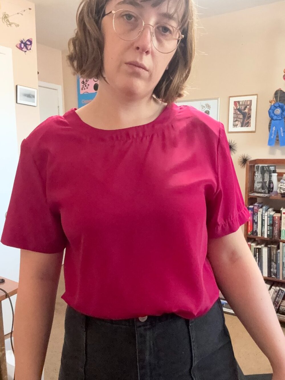 Vtg Magenta Short Sleeve Blouse Sara Stephen 1980s